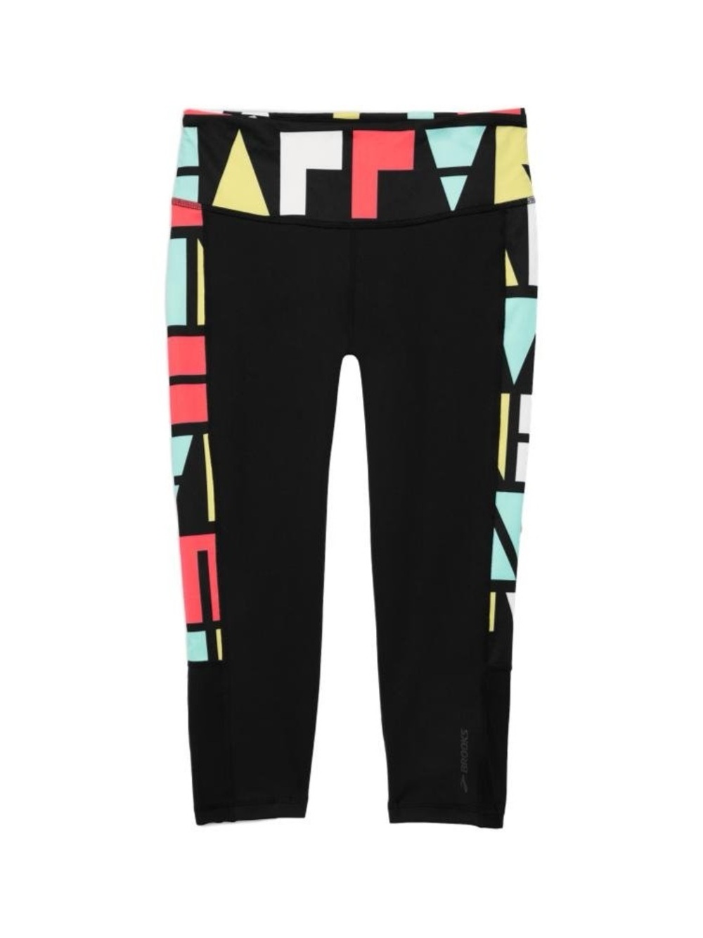 Brooks Black Capri Leggings with Coral, Mint & Yellow Geometric Panels